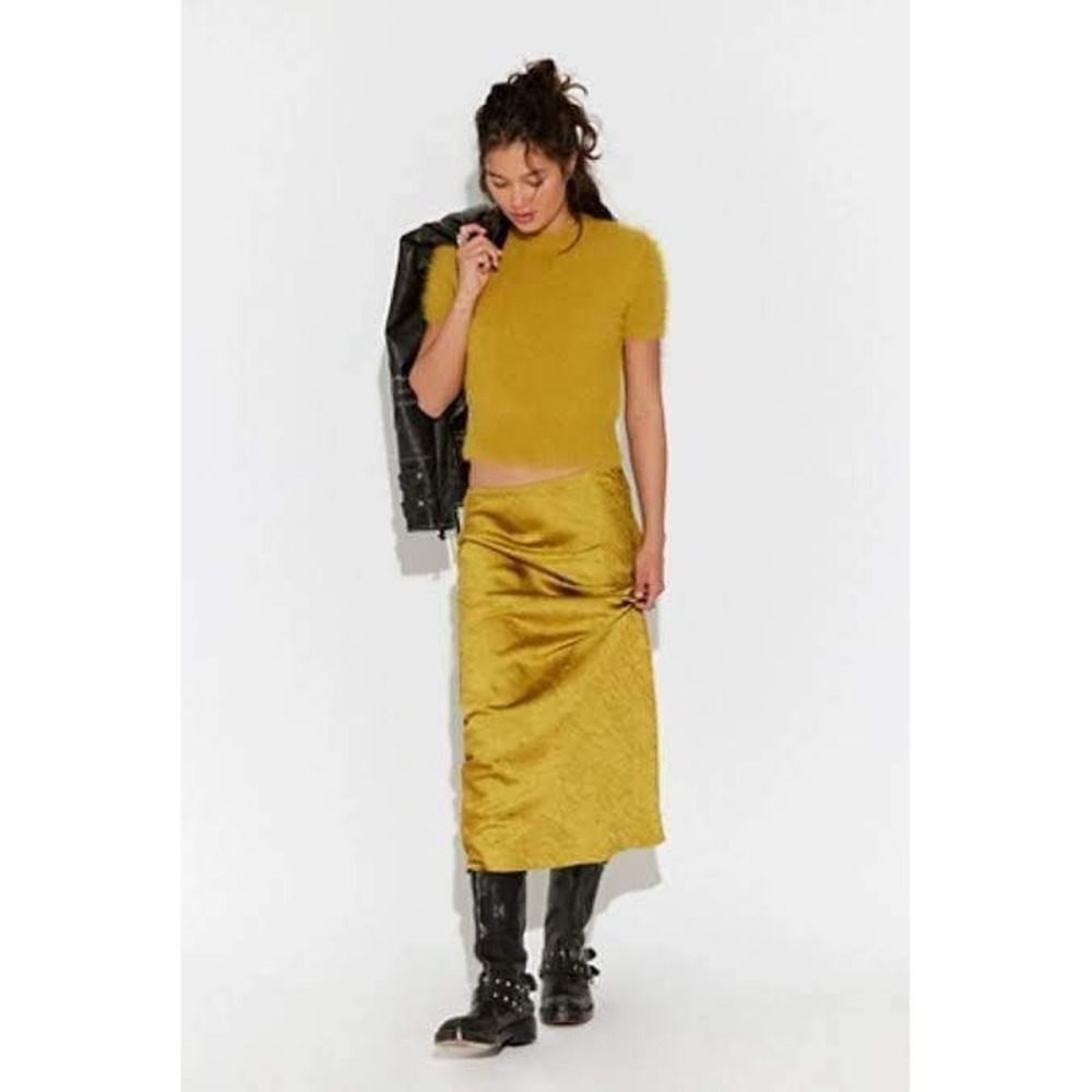 Free People Alexandra Maxi Crushed Satin Skirt Fuzzy Sweater Set Chartreuse NWT